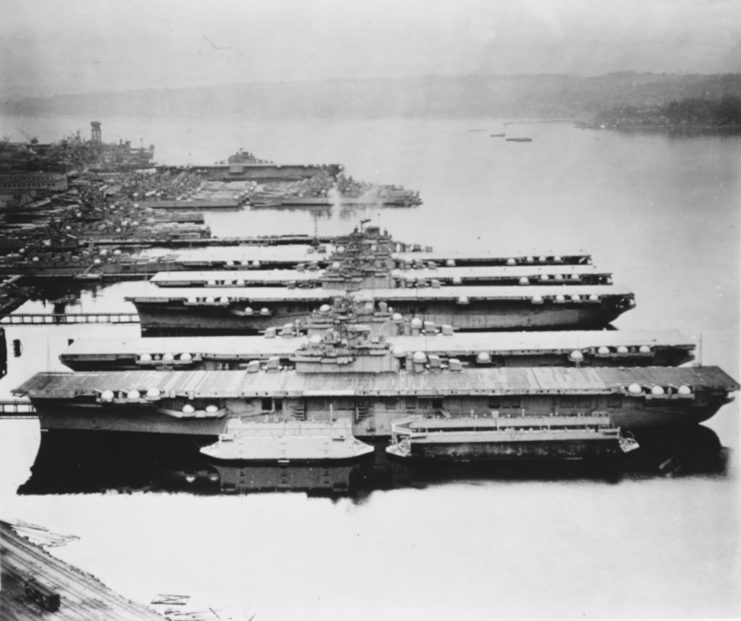 Aerial view of decommissioned US Navy ships