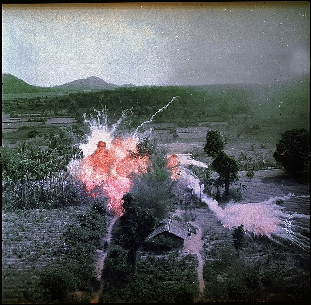 Aerial view of a napalm bomb exploding