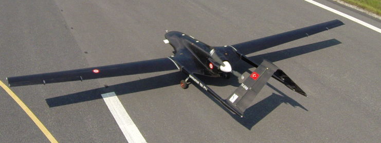 Overhead view of a Baykar Bayraktar TB2 on the runway