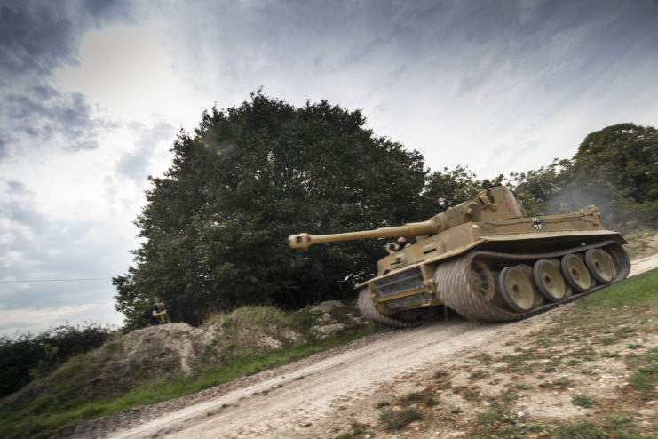 Tiger 131 driving down a dirt road