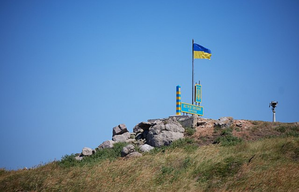 Ukrainian flag flying on Snake Island