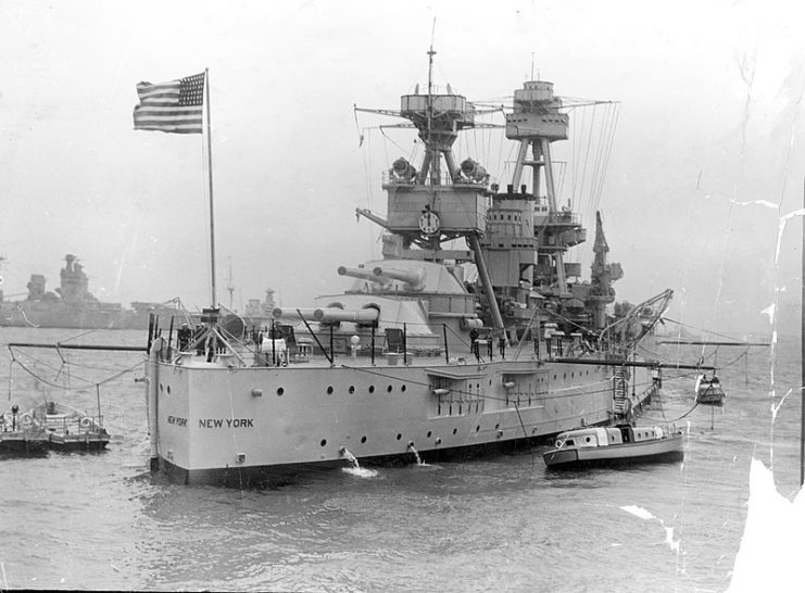 USS New York (BB-34) surrounded by smaller vessels