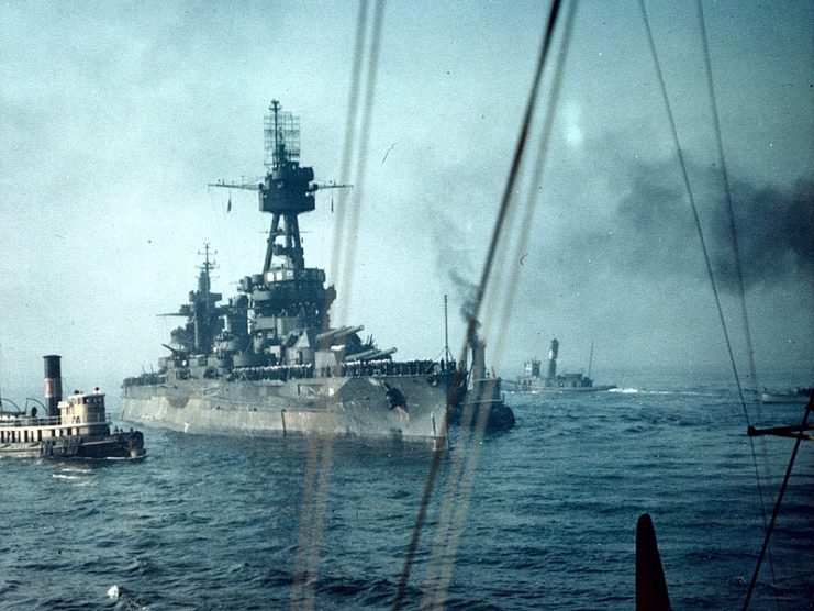 USS New York (BB-34) surrounded by smaller vessels