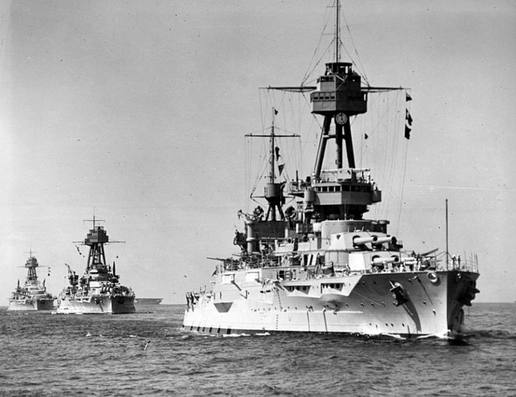 USS New York (BB-34) sailing alongside the USS Oklahoma (BB-37) and Nevada (BB-36)