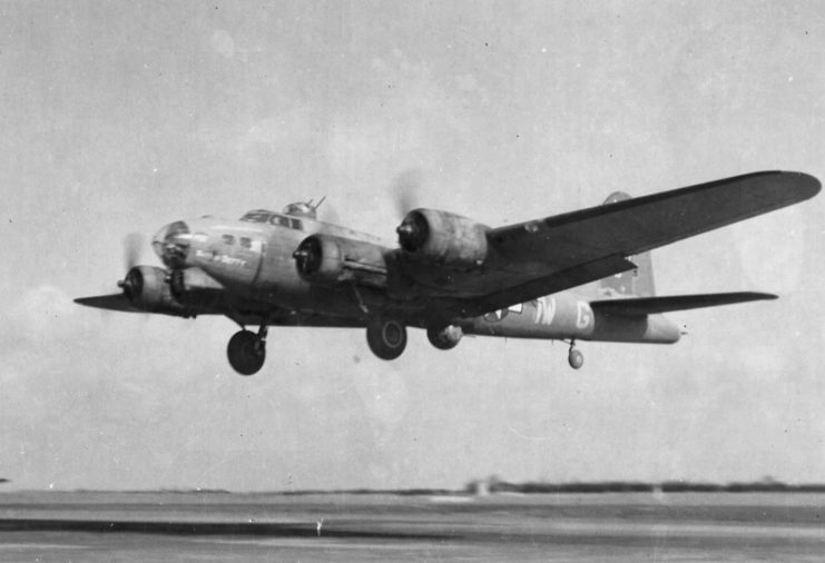 black and white photo of a b-17 flying fortress