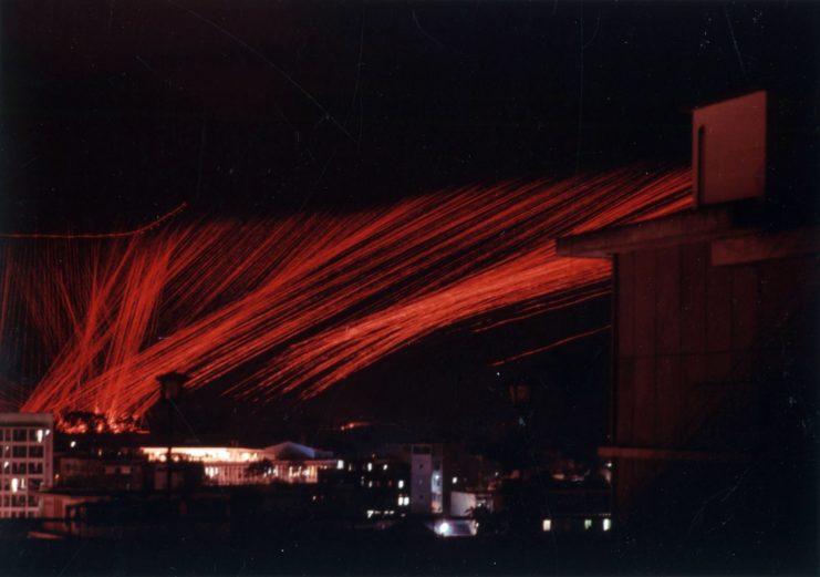 Timelapse image of tracer rounds fired from a Douglas AC-47 Spooky