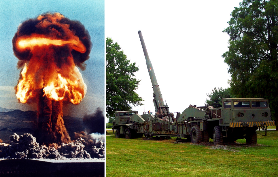 Mushroom cloud + M65 atomic cannon parked on grass