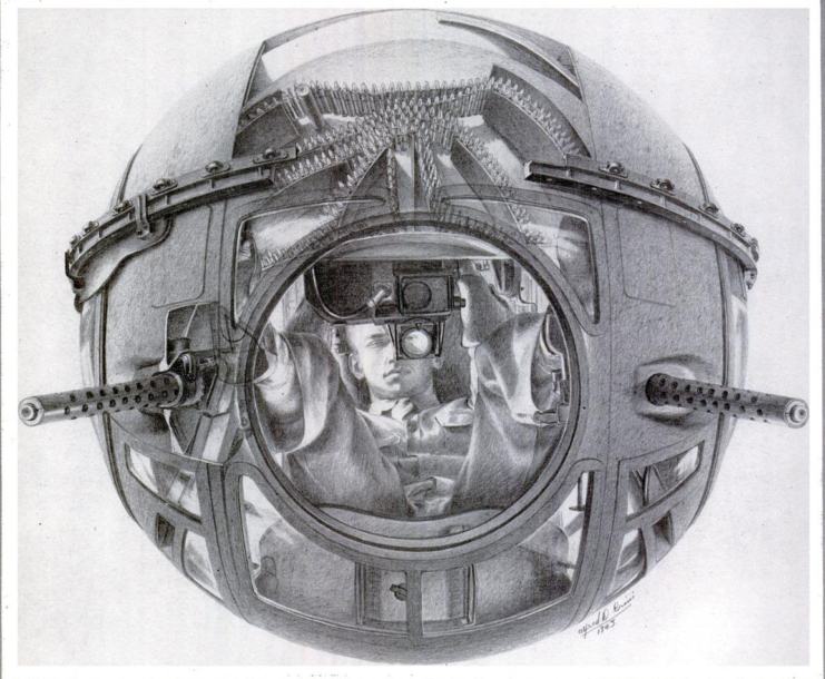 Illustration of the underside of a ball turret, with a gunman looking through his optical gunsight