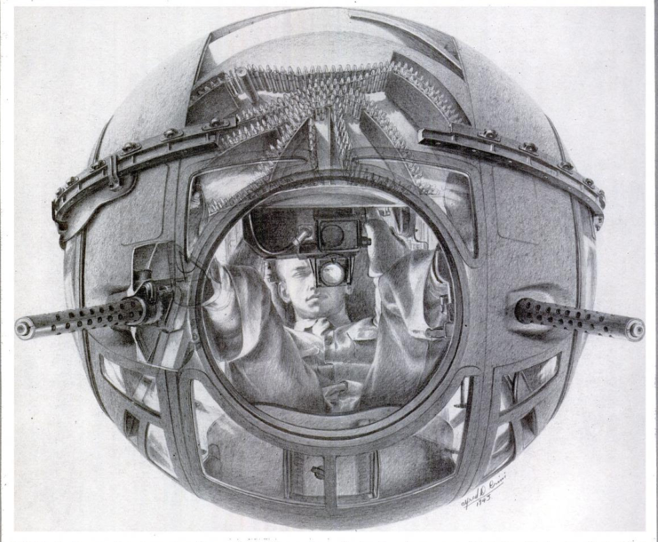 Illustration of a gunner within a ball turret