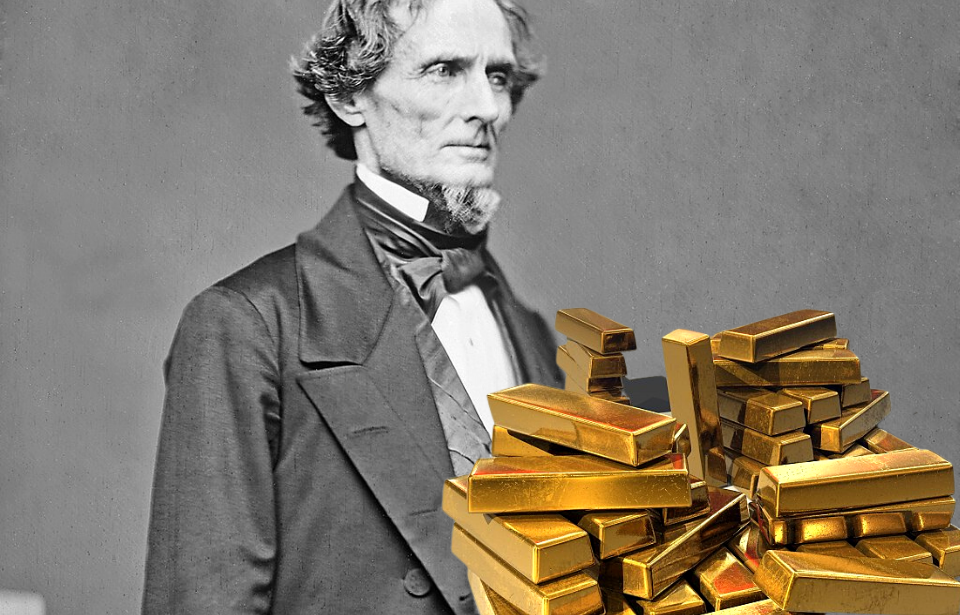 Portrait of Jefferson Davis + Pile of gold bars