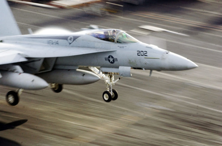 F/A-18 Hornet landing on the deck of the USS Nimitz (CVN-68)