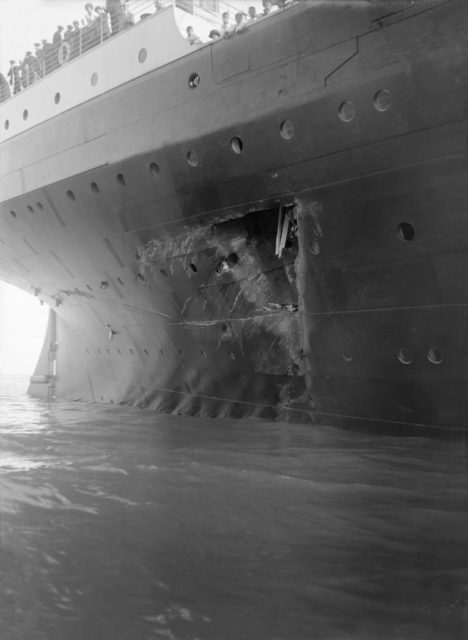 Damage to the starboard side of the RMS Olympic