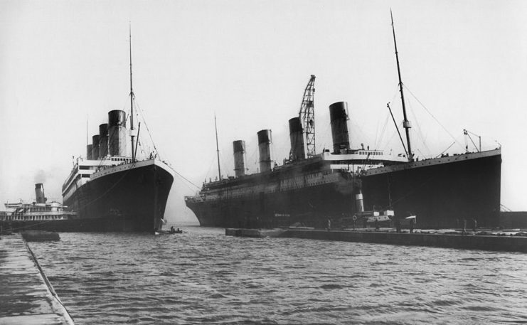The RMS Titanic and Olympic docked side-by-side