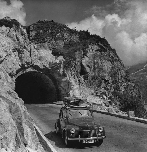 A car drives through the Susten Pass tunnel in the Swiss Alps 