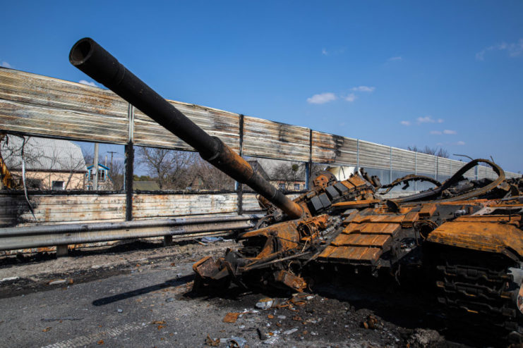 A destroyed Russian T-72 tank