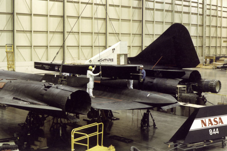 A Lockheed engineer working on an SR-71 Blackbird 