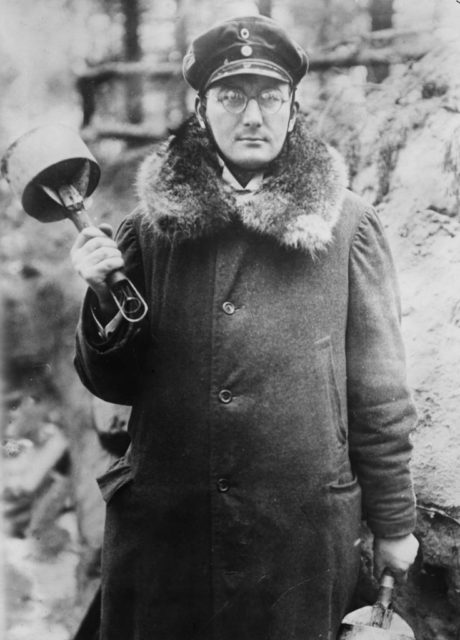 German soldier holding two Russian hand grenades