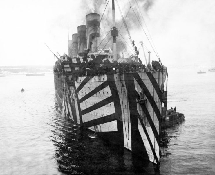 The HMT Olympic painted with dazzle camouflage