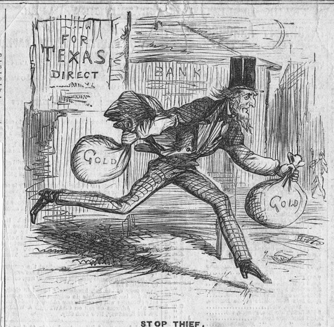 A cartoon depicting Jefferson Davis running with Confederate gold 