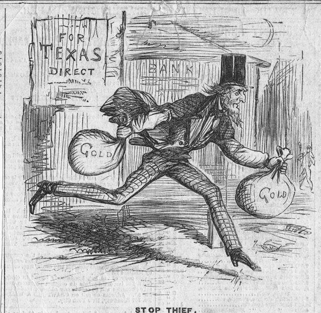 A cartoon depicting Jefferson Davis running with Confederate gold