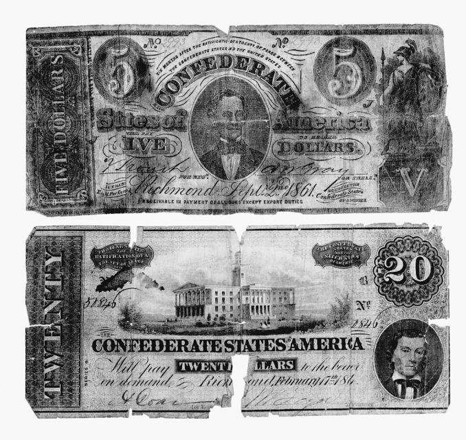 Two monetary notes produced by the Confederate States of America