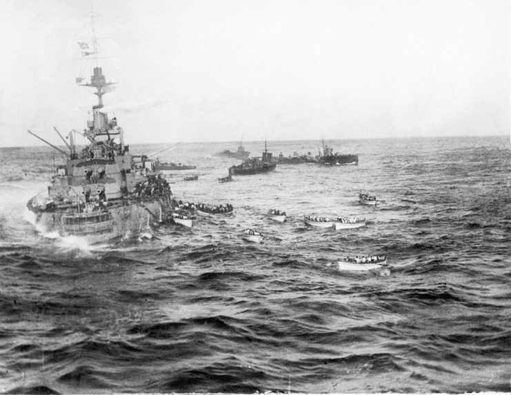 The HMS Audacious (1912) sinking at sea