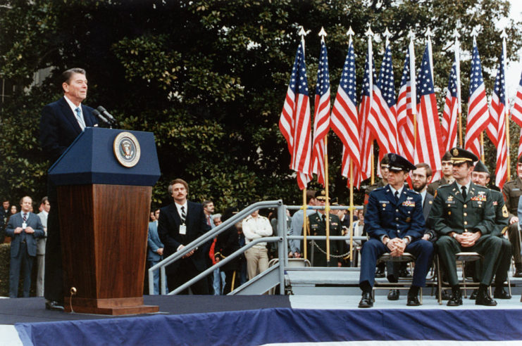 Ronald Reagan speaks during a ceremony to welcome home the Iranian hostages 