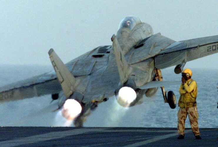 Grumman F-14 Tomcat taking off from the flight deck of the USS Enterprise (CVN-65)