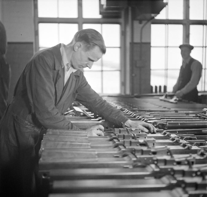 Factory worker assembling Lahti L-39s