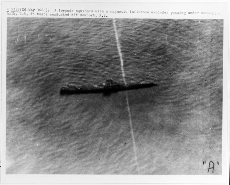 Aerial view of a live test fire of the Mark 6 magnetic influence exploder