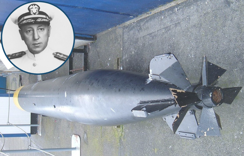 Mark 14 torpedo on display + Military portrait of Rear Admiral Charles A. Lockwood Jr.