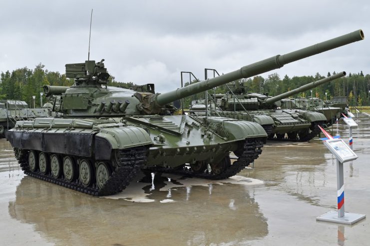 T-64B tank parked outside on a rainy day