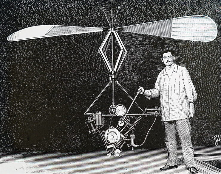 Engraving of Victor Goddard's petrol engine helicopter