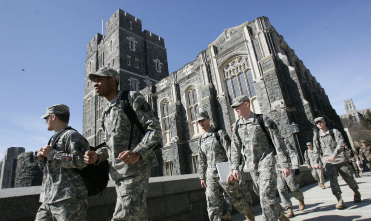 US Army cadets walking through the West Point campus