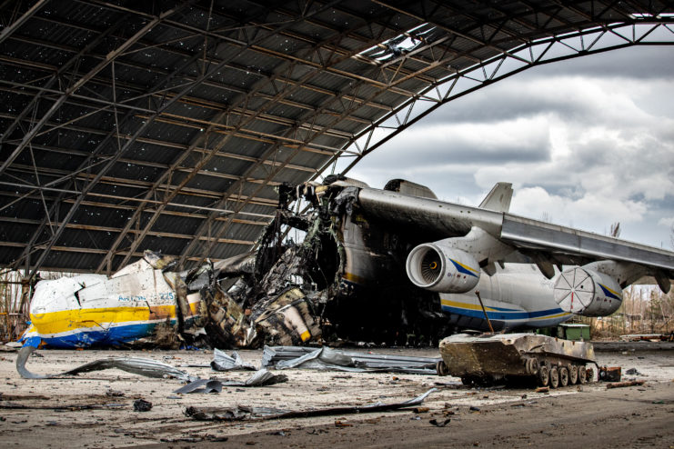 Destroyed Antonov An-225 Myria in a hangar