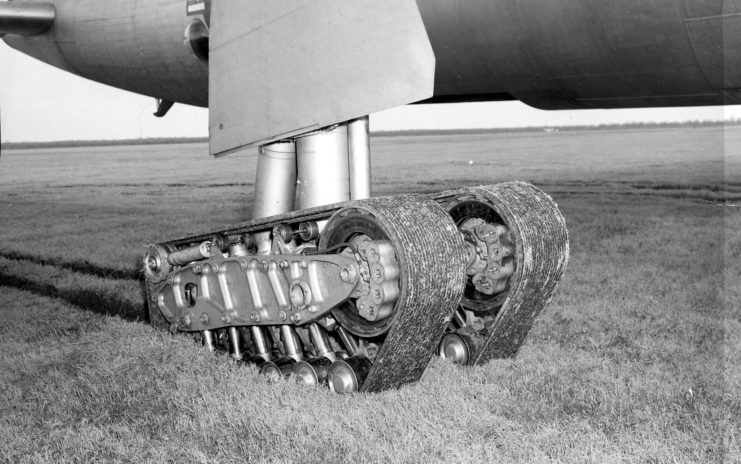 Close-up of the Convair XB-36 Peacemaker's track landing gear