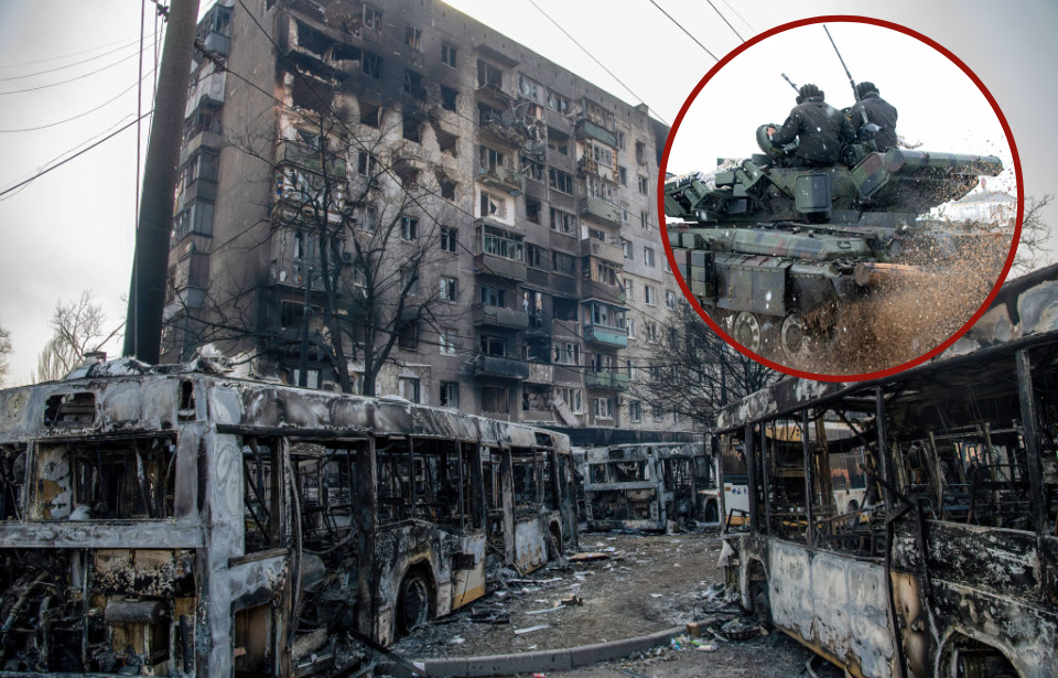 Damaged city buildings and buses + Ukrainian soldiers riding in a tank