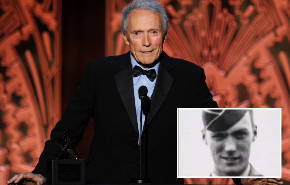Clint Eastwood standing behind a podium + Clint Eastwood dressed in his US Army uniform