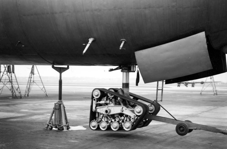 Close-up of the tracked landing gear beneath the nose of a Convair XB-36 Peacemaker