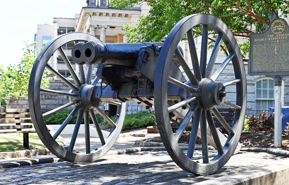 Double-barreled cannon on display