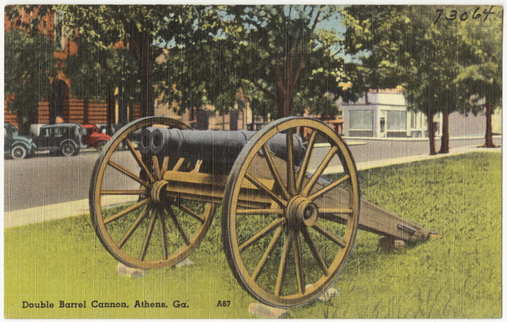Postcard featuring the double-barreled cannon