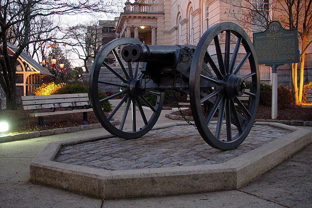 Double-barreled cannon on display