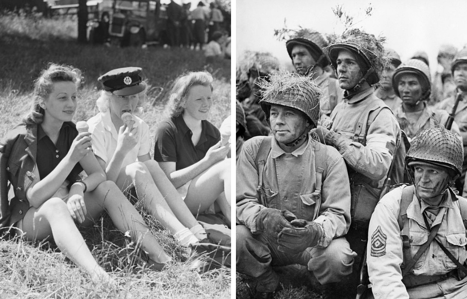 Women eating ice cream + Soldiers crouching together