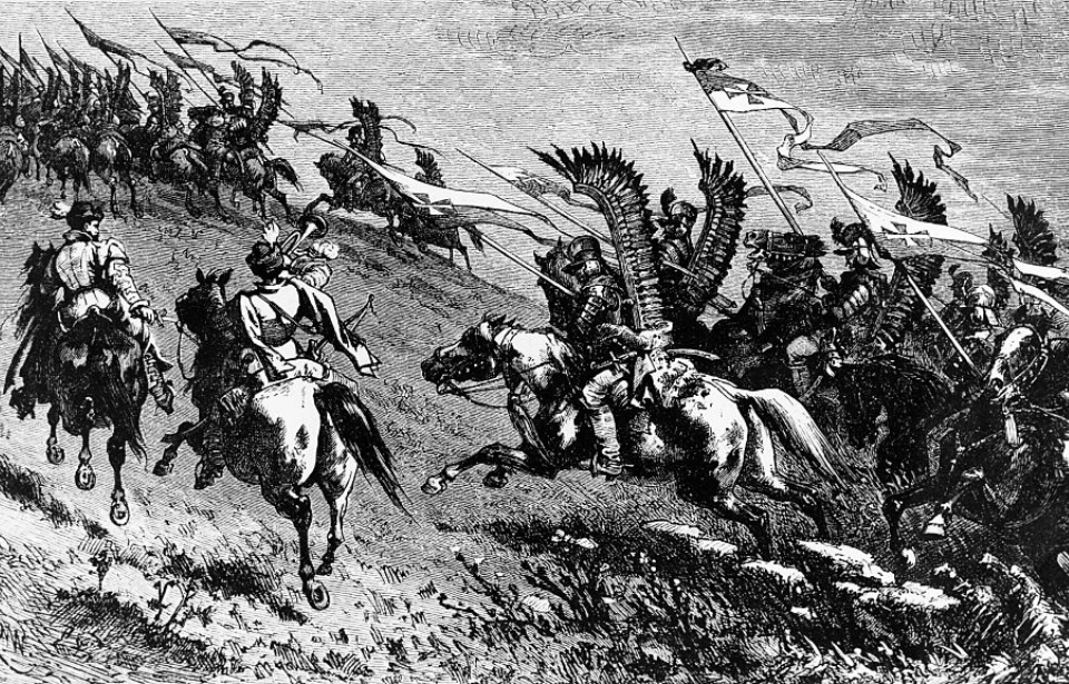 Drawing of the winged hussars during a charge