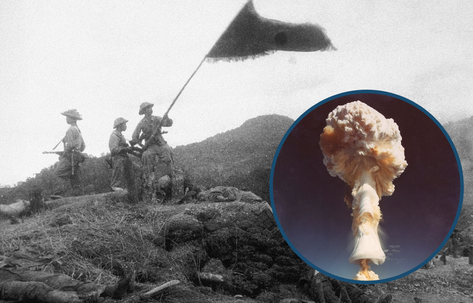 Soldiers holding up a flag + Mushroom cloud