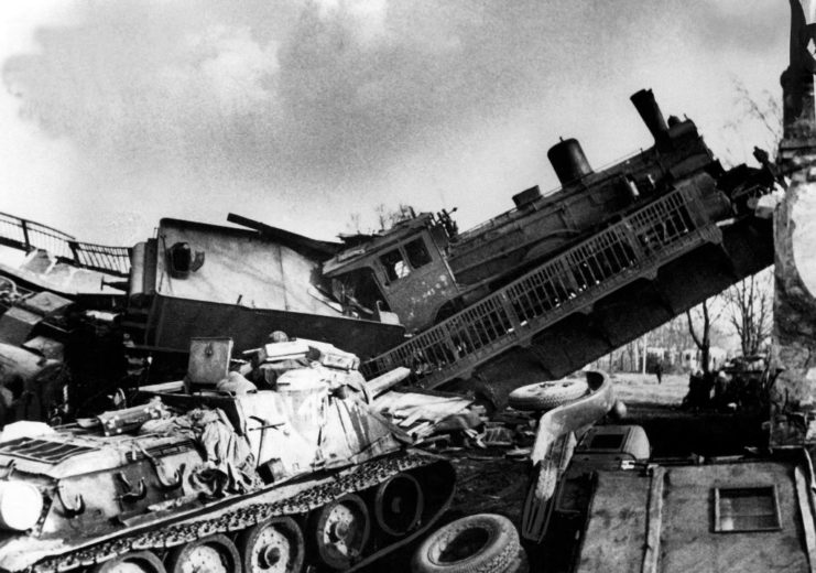 Tank beneath a collapsed railway bridge