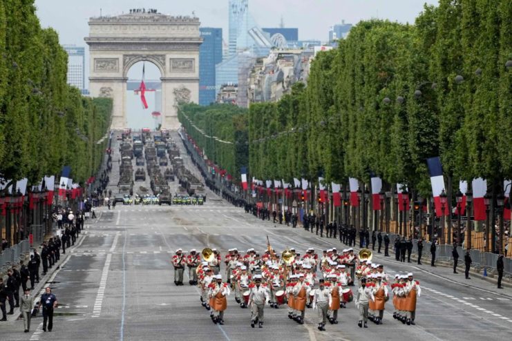 Members of the French Foreign Legion marching in ceremonial garb