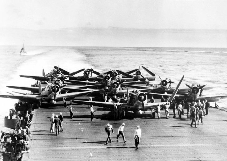 Douglas TBD-1 Devastators on the deck of the USS Enterprise (CV-6)