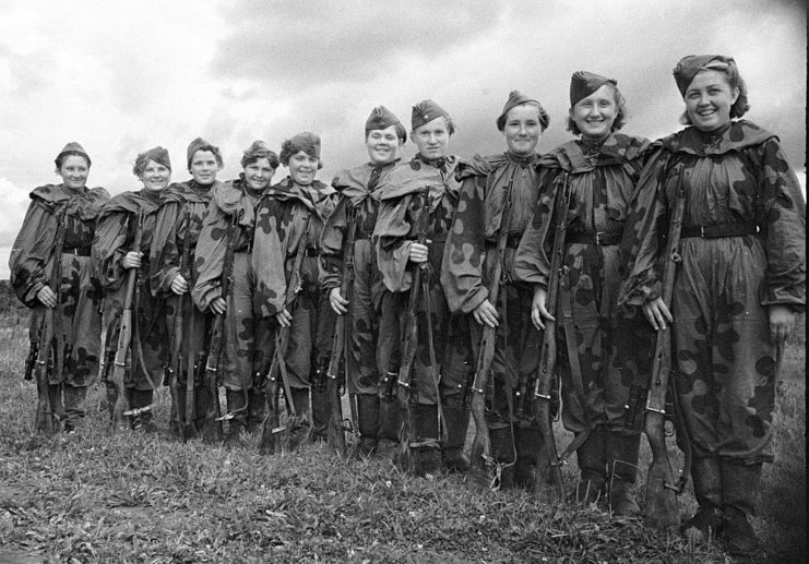 Female Russian snipers standing together in a line