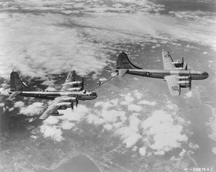B-29 Superfortress refueling a B-50 Superfortress mid-air